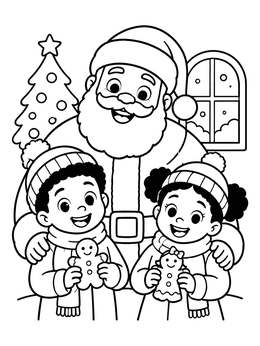 Free printable Santa With Children And Gingerbread Cookies coloring page