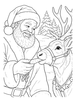 A smiling black santa coloring page featuring Santa feeding a carrot to his reindeer outdoors.