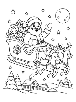 Free printable Santa Flying In Sleigh With Reindeer coloring page