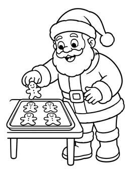 Free printable Santa Sneaking A Gingerbread Man coloring page