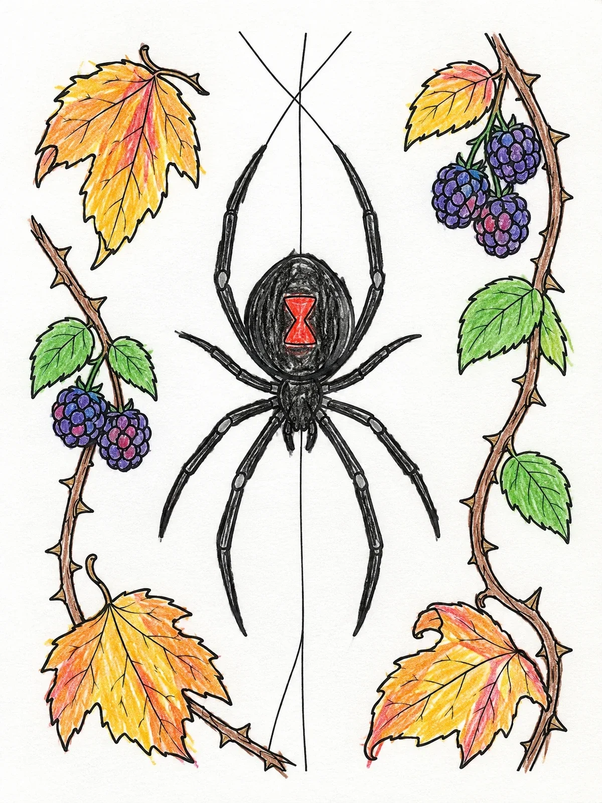 Colored example of the Black Widow Among Blackberry Vines coloring page