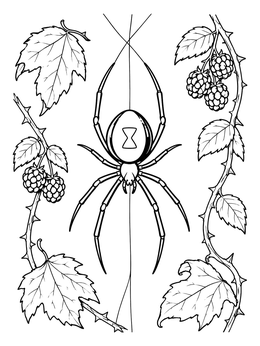 A black widow spider coloring page featuring thorny vines, berries, and foliage.