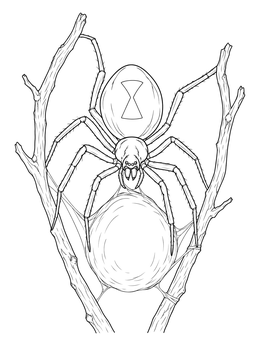 Detailed black widow spider coloring page featuring an egg sac nestled between dry twigs.
