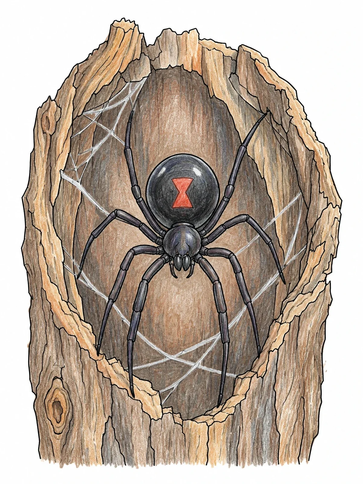 Colored example of the Black Widow In Hollow Tree coloring page