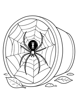 A detailed black widow spider coloring page featuring a web inside an overturned flowerpot.