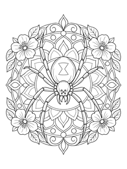 Intricate black widow spider coloring page surrounded by floral mandala patterns.