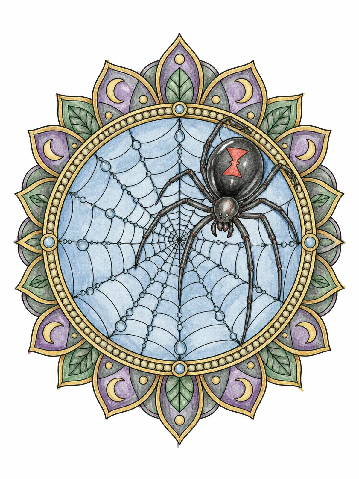 Colored example of the Black Widow Spider Web Mandala coloring page