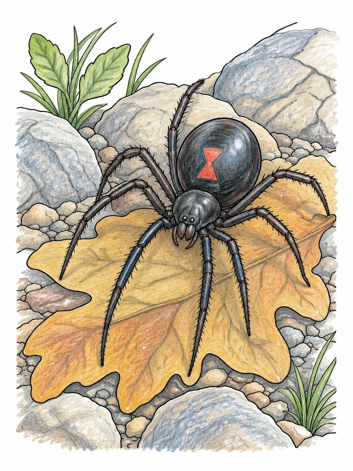 Colored example of the Black Widow On Oak Leaf coloring page