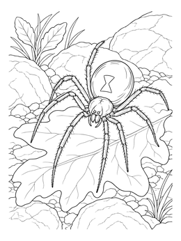 A detailed black widow spider coloring page crawling over a fallen leaf among rocks.