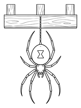 A black widow spider coloring page featuring the arachnid dangling from a wooden porch railing.