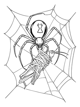 A black widow spider coloring page featuring a spider wrapping a grasshopper in its web.