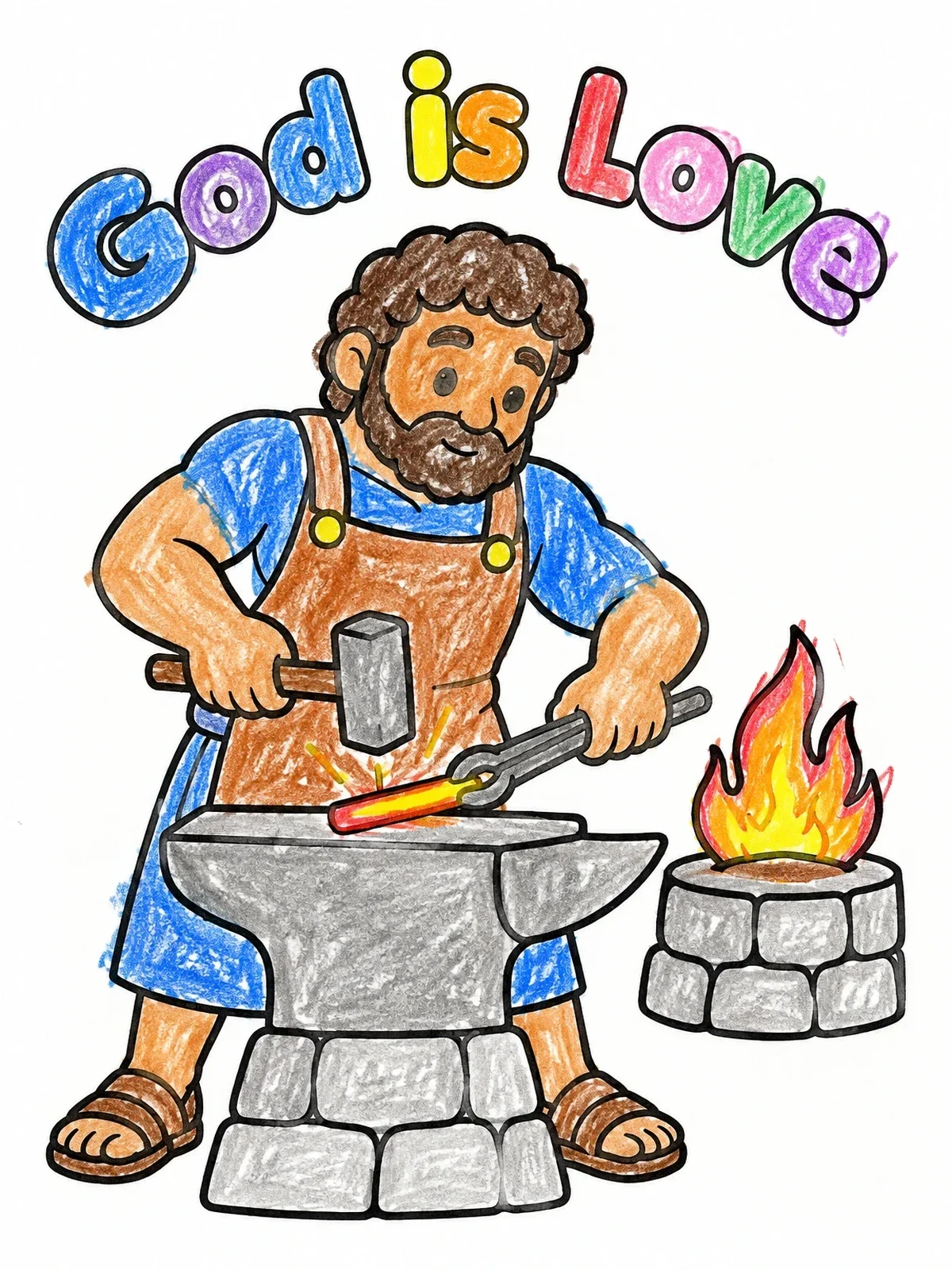 Colored example of the Blacksmith God At The Anvil coloring page