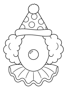 A polka-dot hat and ruffled collar on this blank faces coloring page ready for drawing.