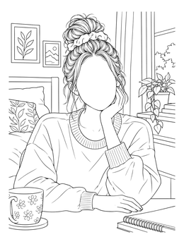A cozy blank faces coloring page featuring a girl with a top bun sitting at a table with coffee.