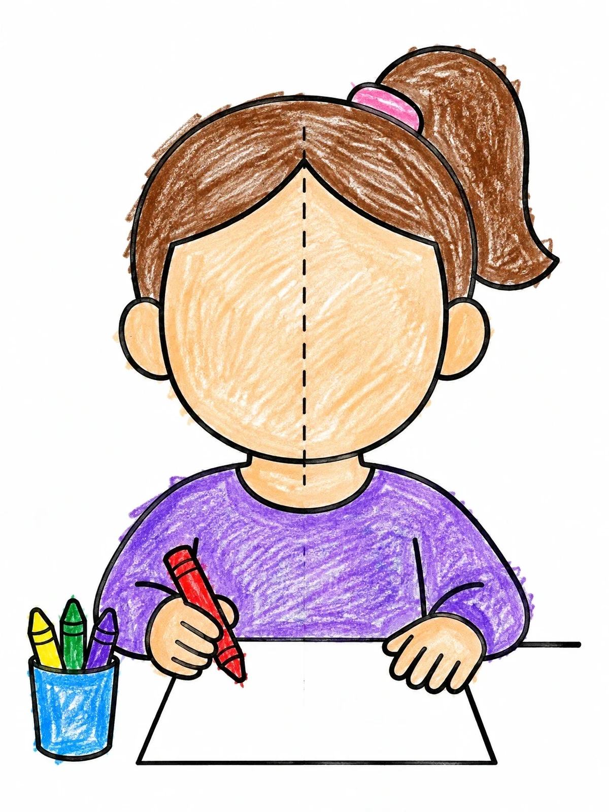 Colored example of the Girl Drawing With Blank Face Template coloring page