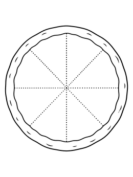 Blank pizza crust divided into eight slices with dotted lines on this pizza coloring page.