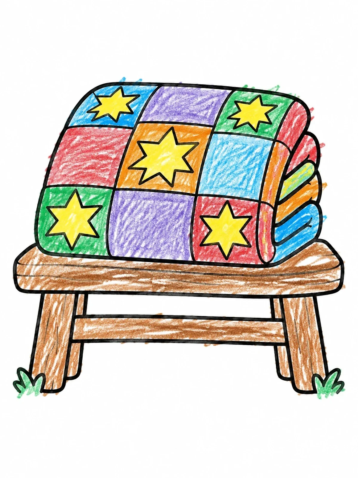 Colored example of the Folded Patchwork Quilt On Wooden Stool coloring page