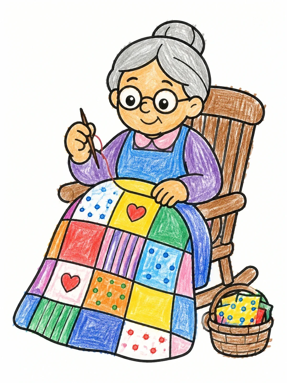 Colored example of the Grandmother Sewing A Patchwork Quilt coloring page