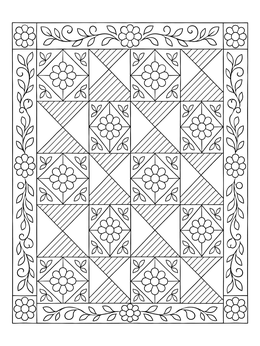 Detailed patchwork blanket coloring page featuring repeating floral blocks and geometric diagonal stripes.