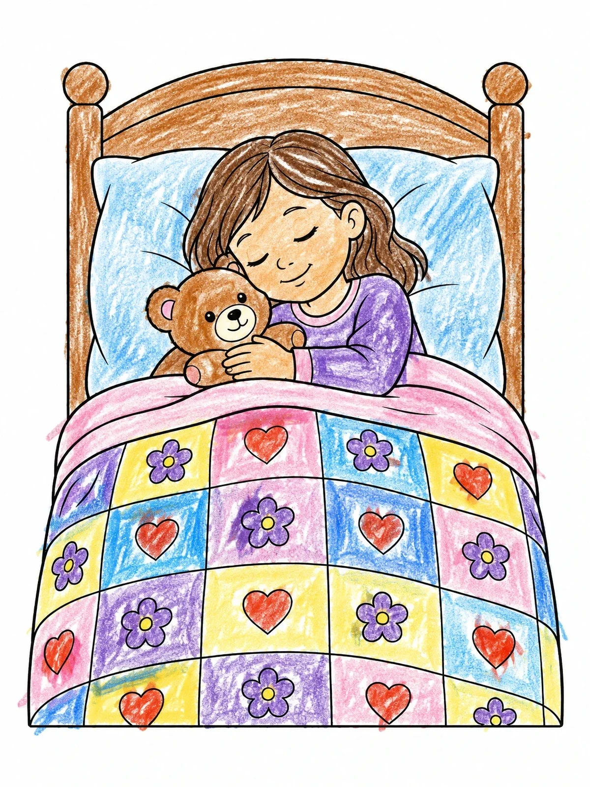 Colored example of the Child Sleeping Under Patchwork Quilt coloring page