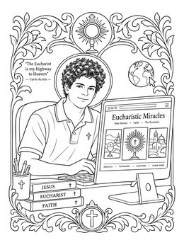 A detailed blessed coloring page of Carlo Acutis creating a website about Eucharistic miracles on his computer.
