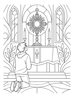 Youth kneeling before the monstrance on this blessed coloring page.