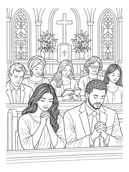 A serene church sanctuary with worshippers featured in this blessed coloring page.