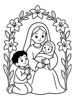 Free printable Mary And Baby Jesus With Praying Child coloring page