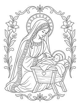 A peaceful blessed coloring page showing Mary watching over baby Jesus in a wooden cradle.