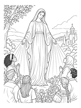 A peaceful blessed coloring page showing Our Lady of Grace extending light towards diverse people praying.