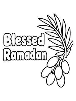 A peaceful ramadan coloring page featuring dates on a palm branch and Blessed Ramadan text.