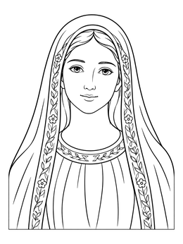 A serene blessed coloring page showing the Virgin Mary with an embroidered floral veil.