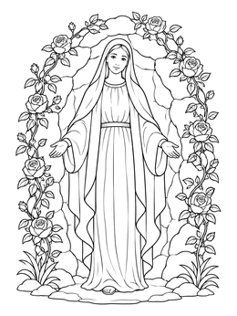 A serene blessed coloring page of the Virgin Mary standing inside a stone grotto framed by blooming roses.