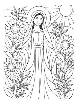 A serene blessed coloring page featuring the Virgin Mary standing among blooming sunflowers and olive branches.