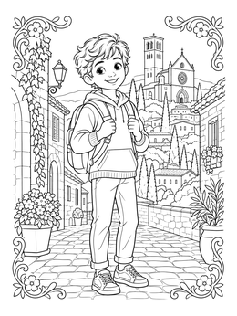 A smiling boy with a backpack stands on a stone street in this blessed coloring page.