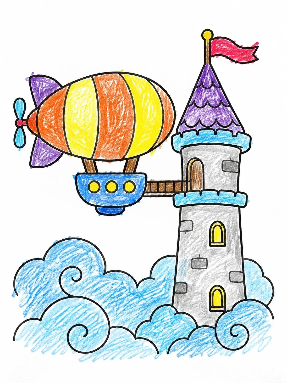 Colored example of the Blimp Airship Docked At Castle Tower coloring page