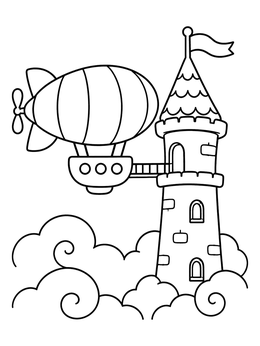 Free printable Blimp Airship Docked At Castle Tower coloring page
