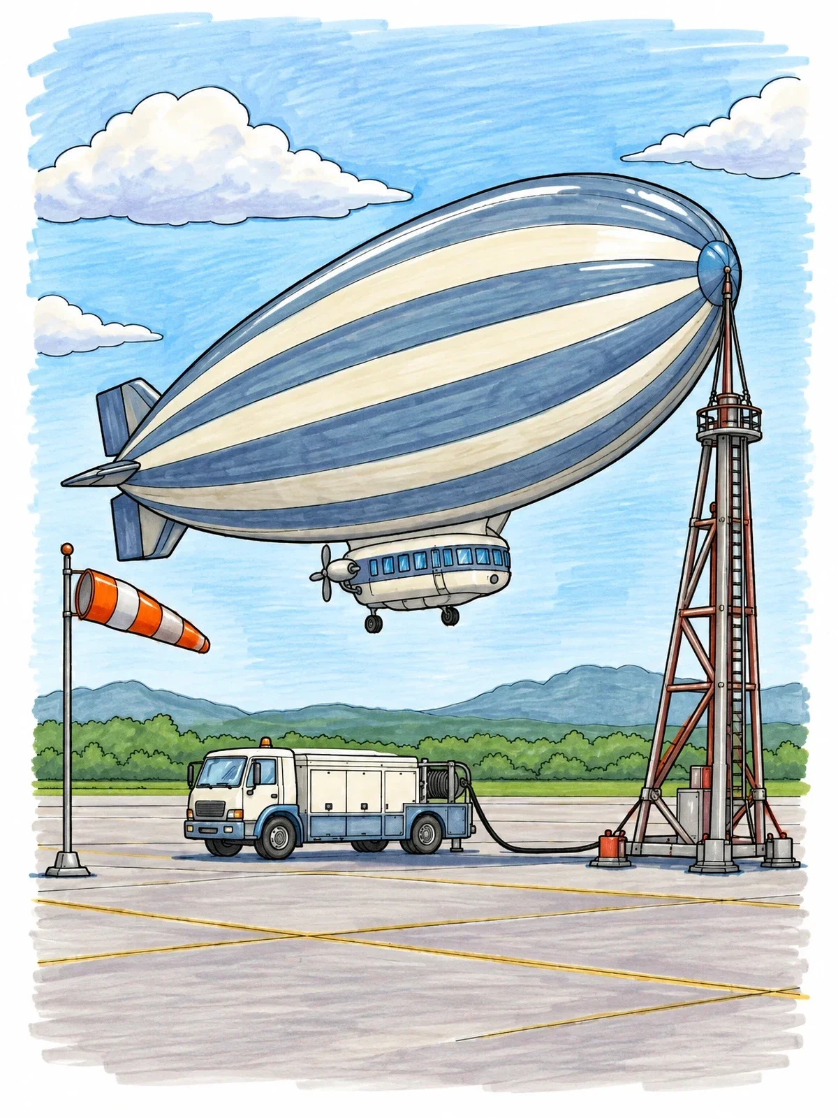 Colored example of the Blimp Moored At Airfield Tarmac coloring page