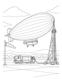 A large airship secured to a mooring mast on this blimp coloring page.