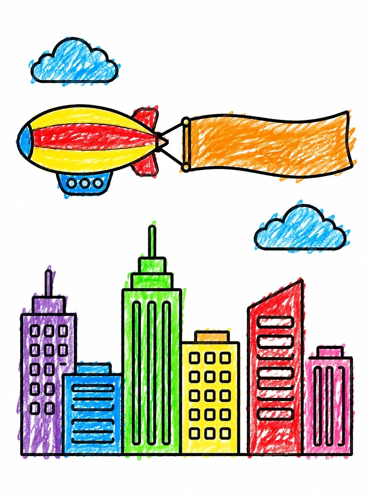 Colored example of the Blimp Flying Over City Skyline coloring page