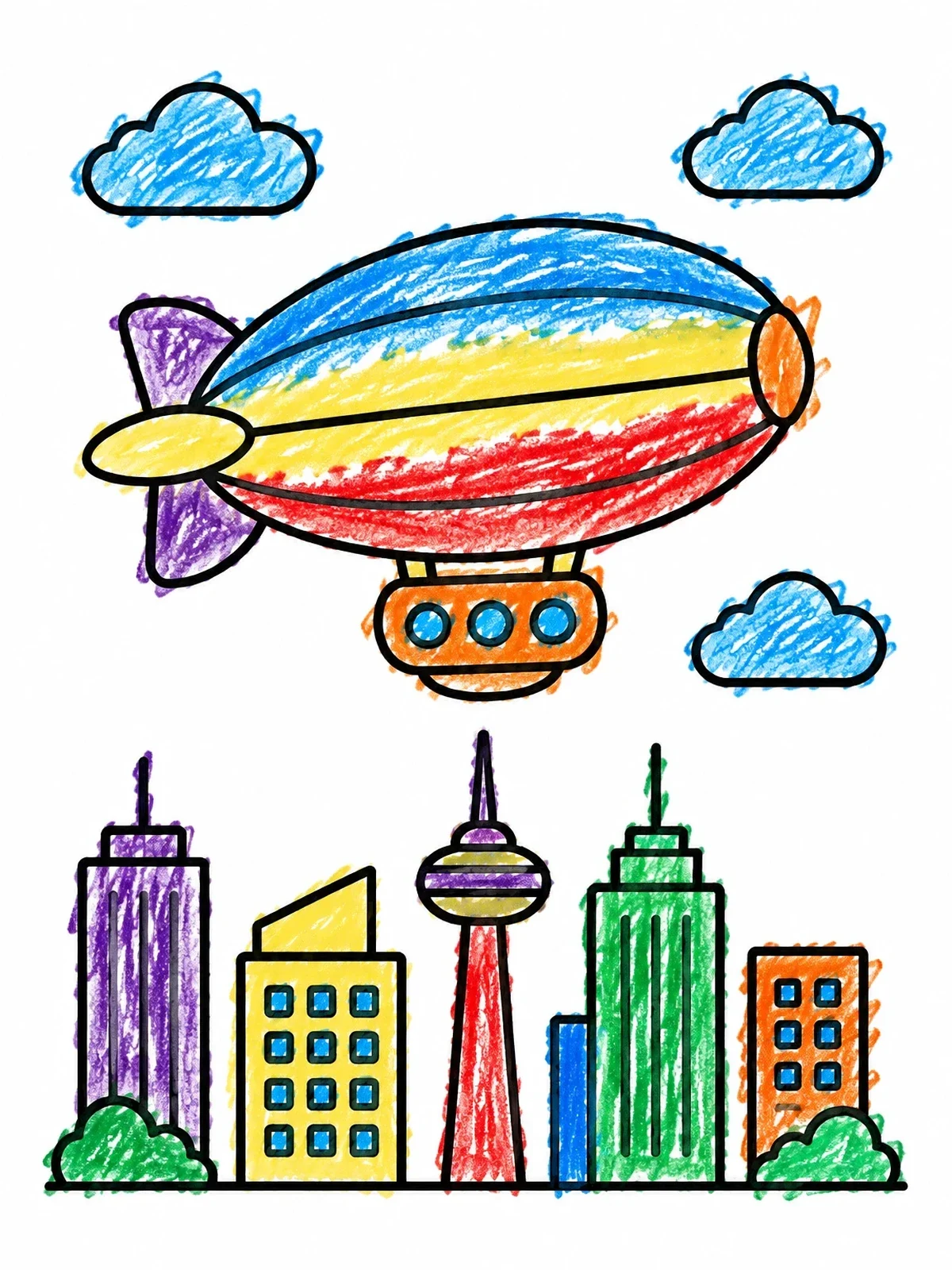 Colored example of the Cartoon Blimp Flying Over City Skyline coloring page