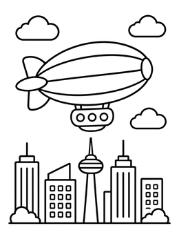 Free printable Cartoon Blimp Flying Over City Skyline coloring page