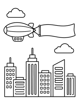 Free printable Blimp Flying Over City Skyline coloring page