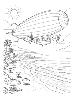 A twin-engine blimp coloring page soaring over a sunny sandy beach with umbrellas and ocean waves.