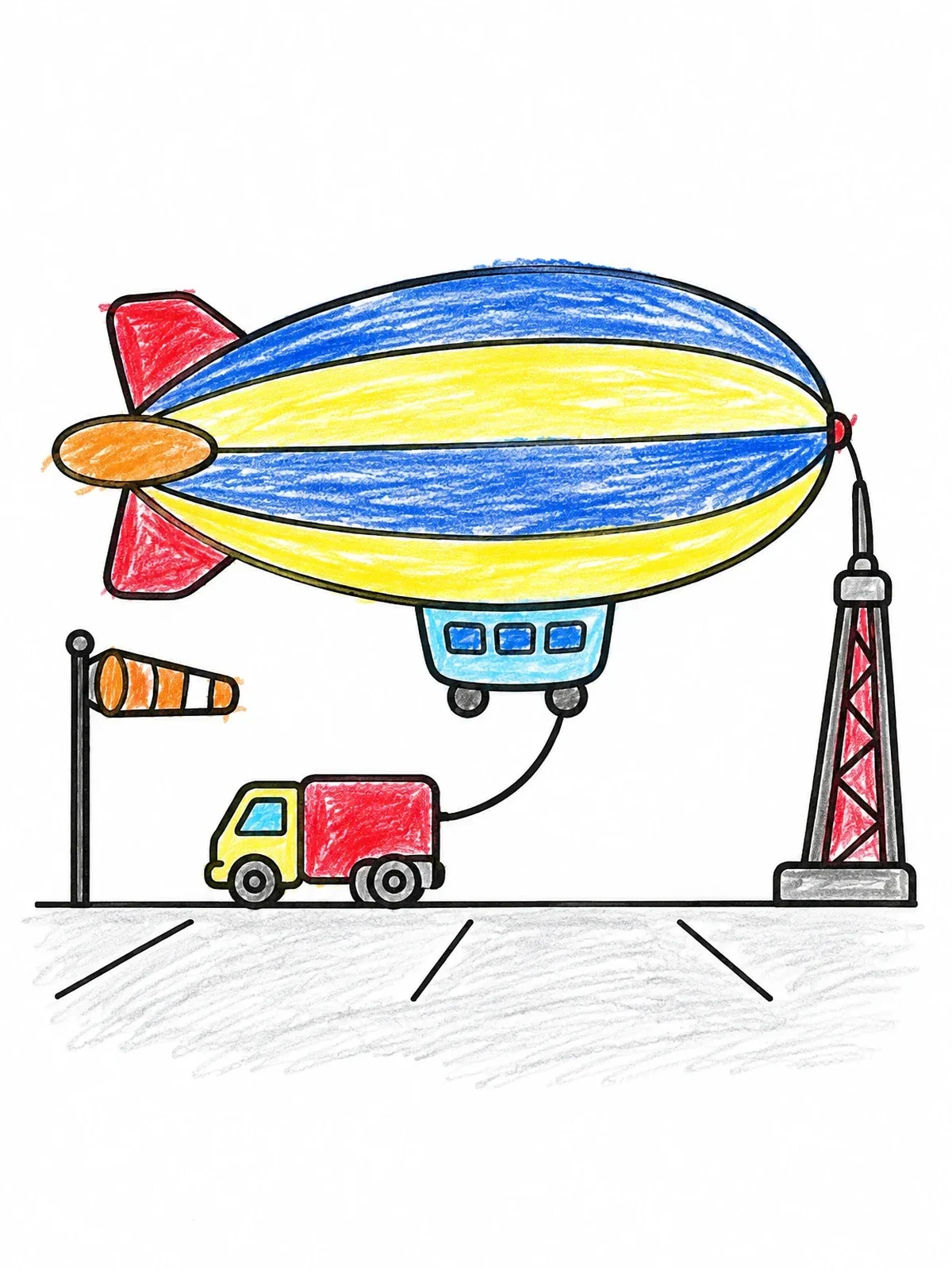 Colored example of the Blimp Moored At The Airfield coloring page