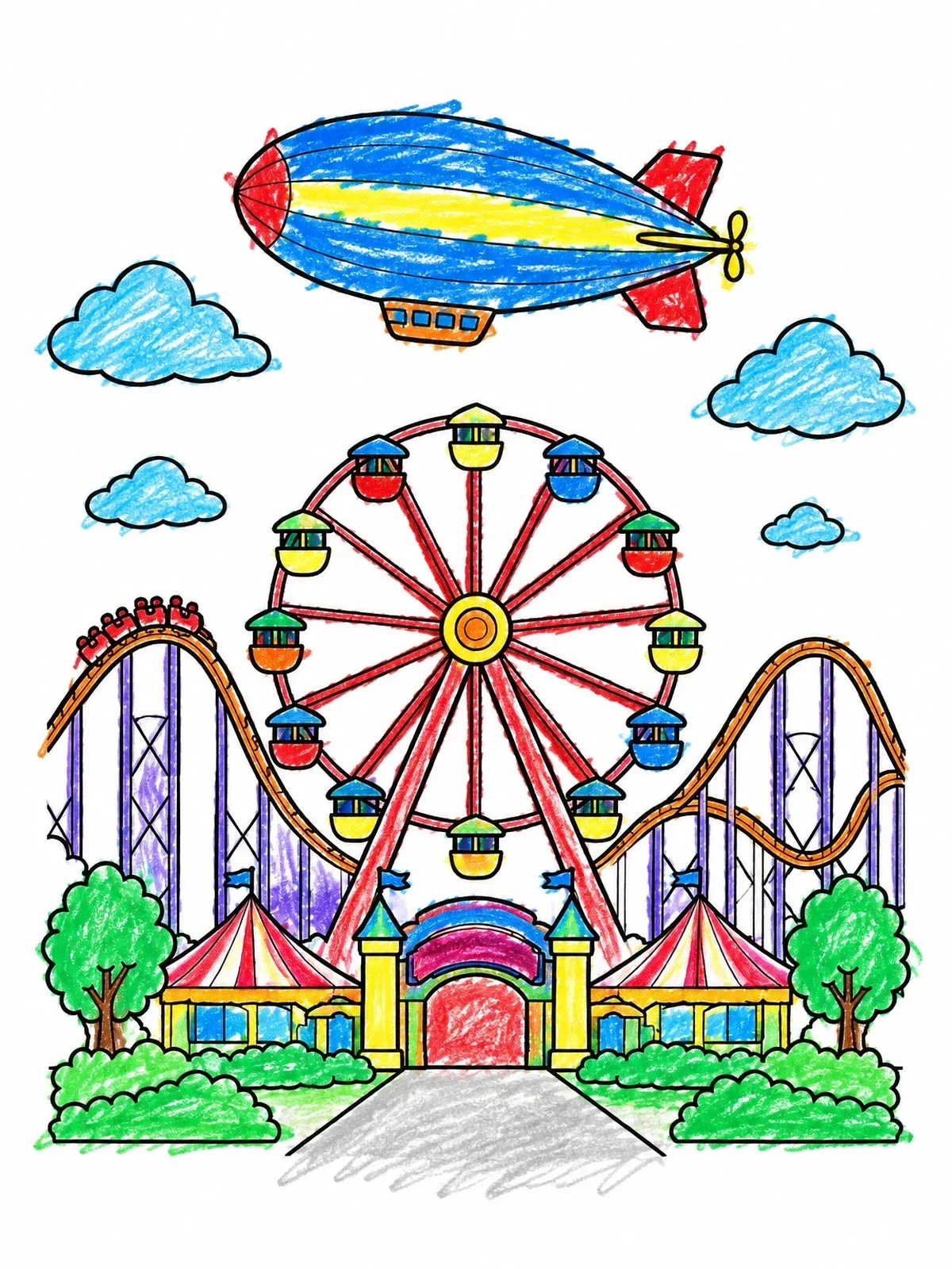 Colored example of the Blimp Over Amusement Park coloring page