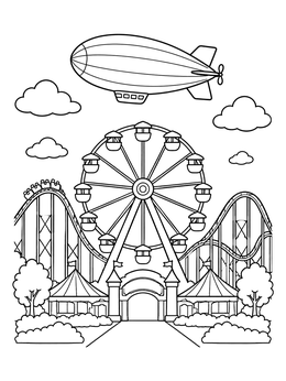 A blimp coloring page showing an airship floating above a Ferris wheel and roller coaster.
