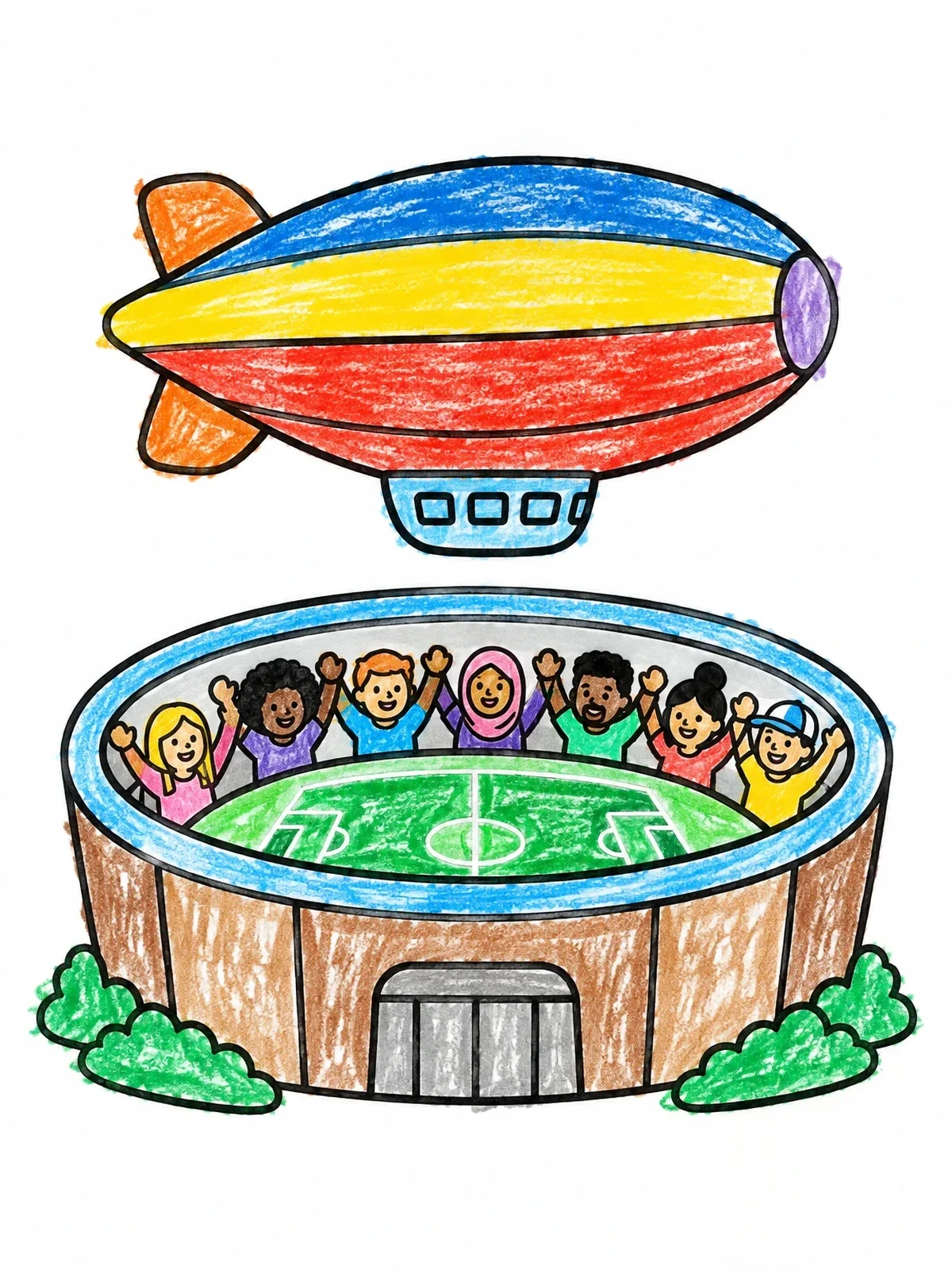 Colored example of the Blimp Over Cheering Sports Stadium coloring page