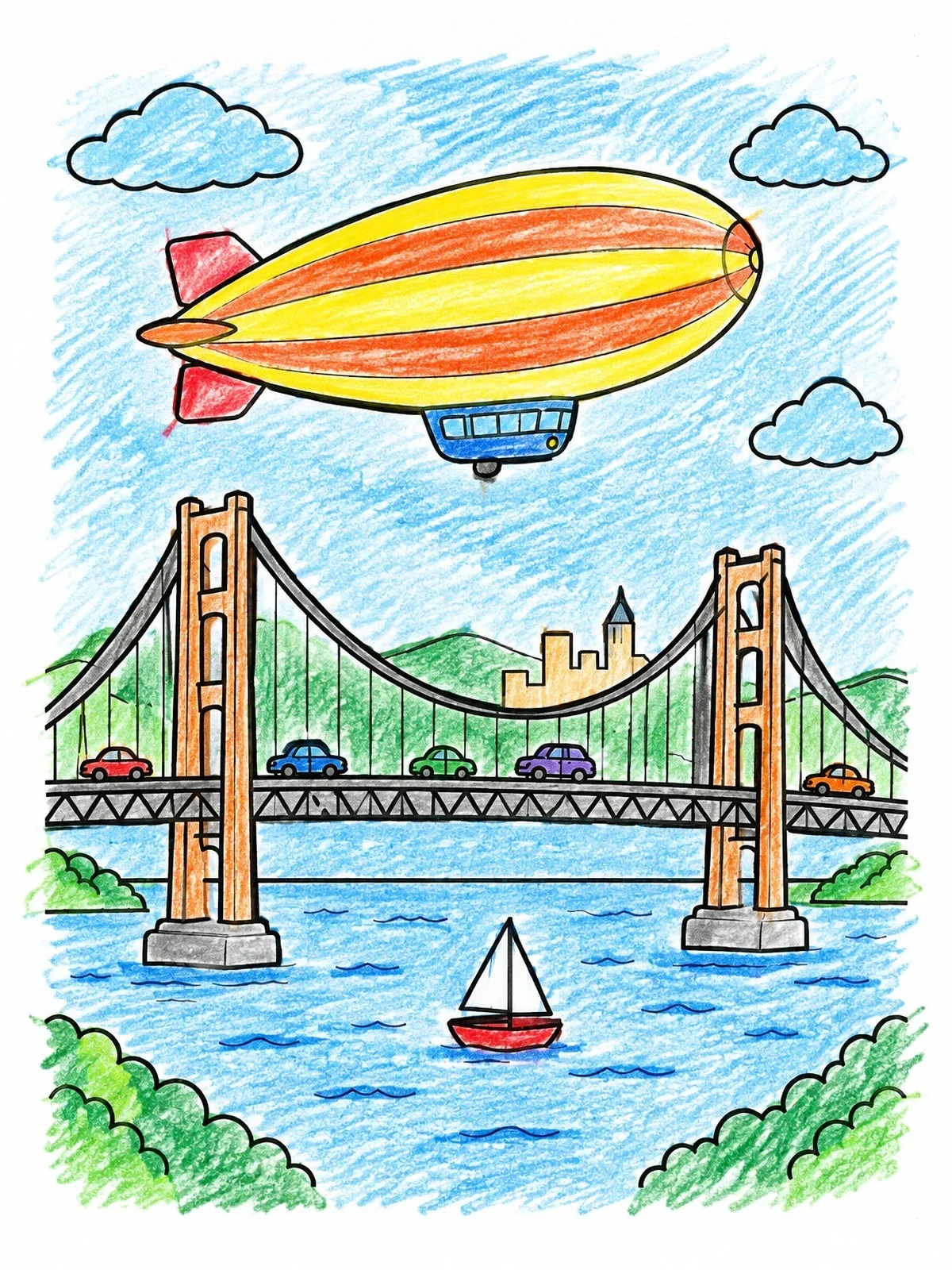 Colored example of the Blimp Soaring Over Suspension Bridge coloring page