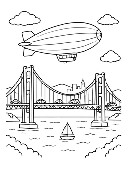 Free printable Blimp Soaring Over Suspension Bridge coloring page